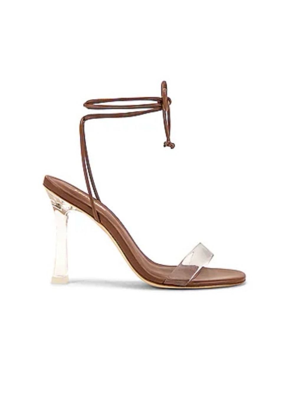 Larroudé Clear Strap Brown Ankle-Tie Stiletto Sandal